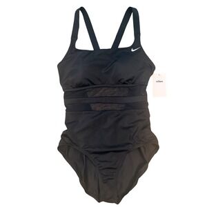 Nike Swim Womens Black Mesh Panel One Piece Swimsuit XL NWT